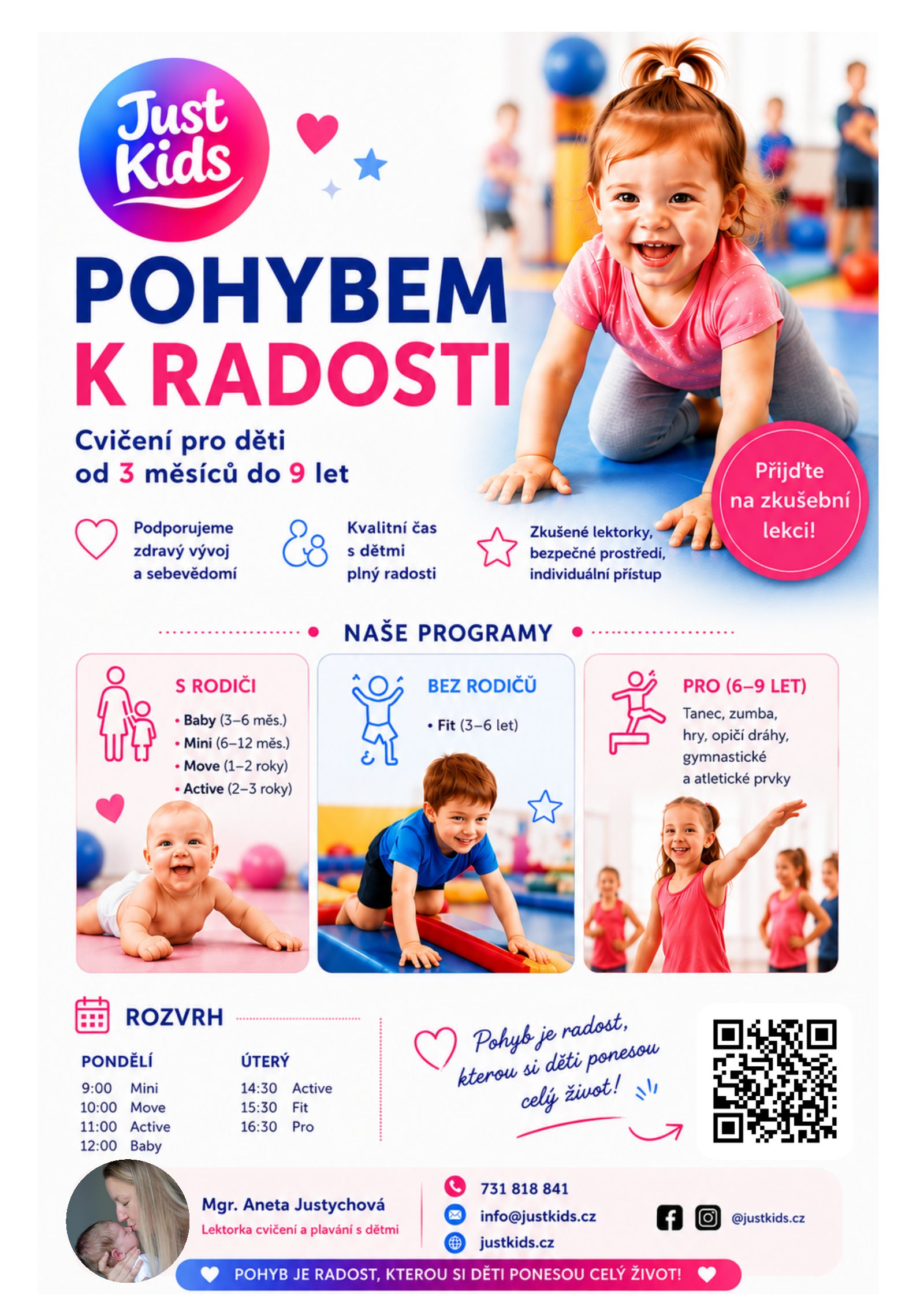 Plakát programu Just Kids — Pohybem k radosti: cvičení pro děti od 3 měsíců do 9 let.